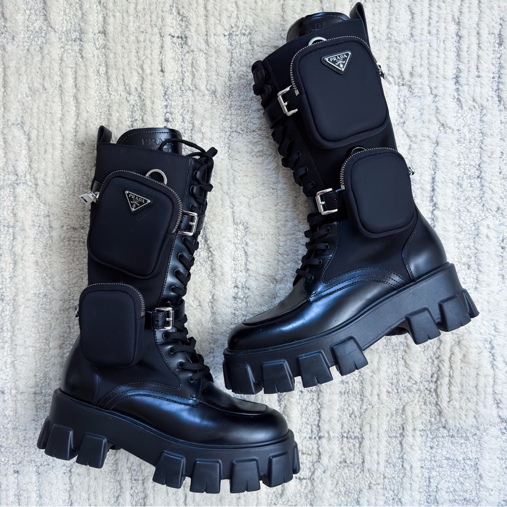 PRADA Platform Monolith  Leather and Nylon Boots 39.5
